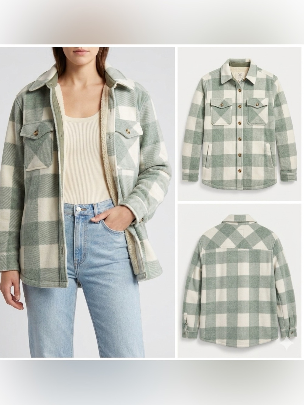 Sage Collective Plush Sherpa Lined Plaid Shacket Women's M Sage Green Cream